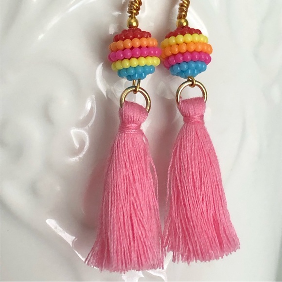 New Rainbow Bead Pink Tassel Fringe Fun Dangle Drop Handmade Boho Chic Earrings - Picture 4 of 6